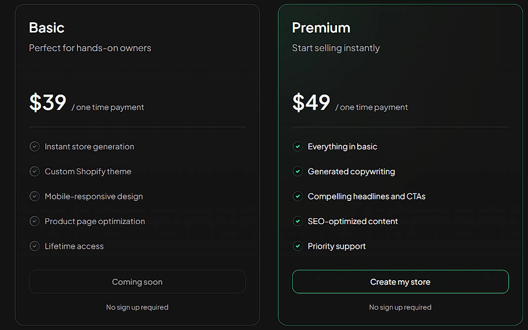 Pricing screenshot