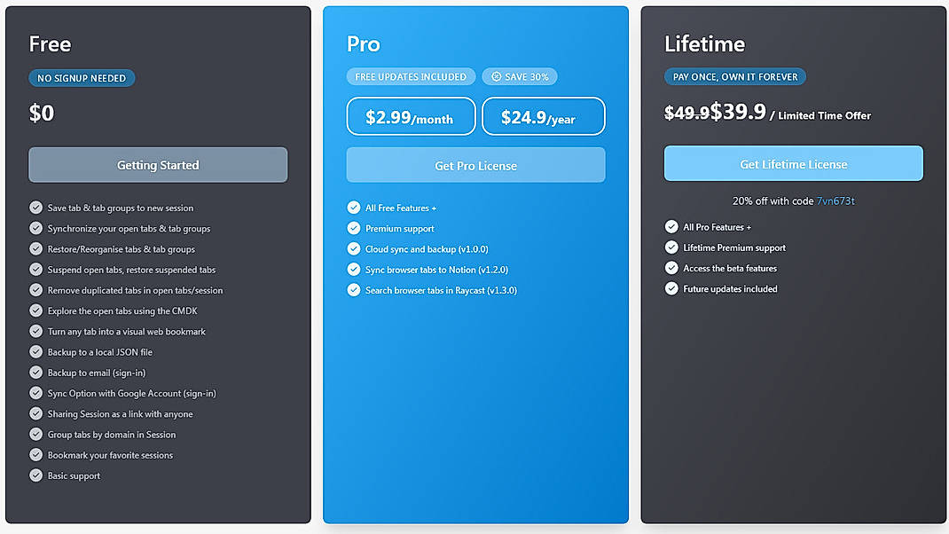 Pricing screenshot