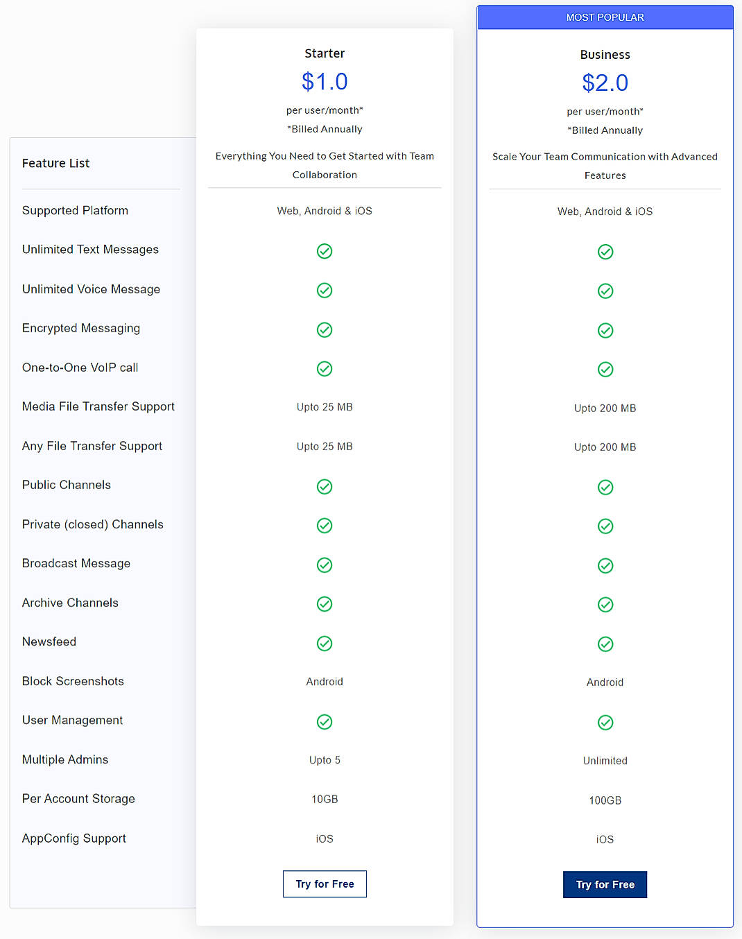 Pricing screenshot