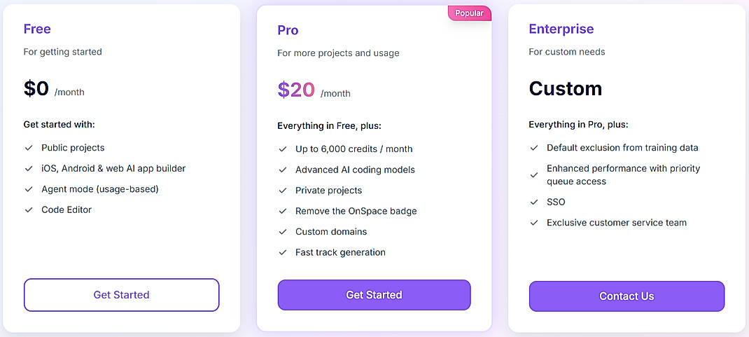 Pricing screenshot