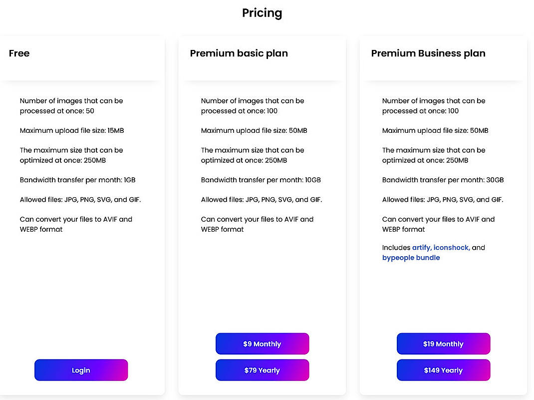 Pricing screenshot