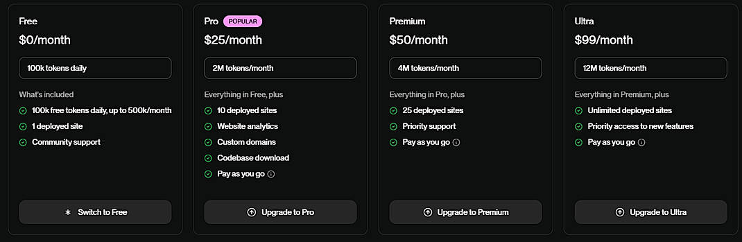 Pricing screenshot