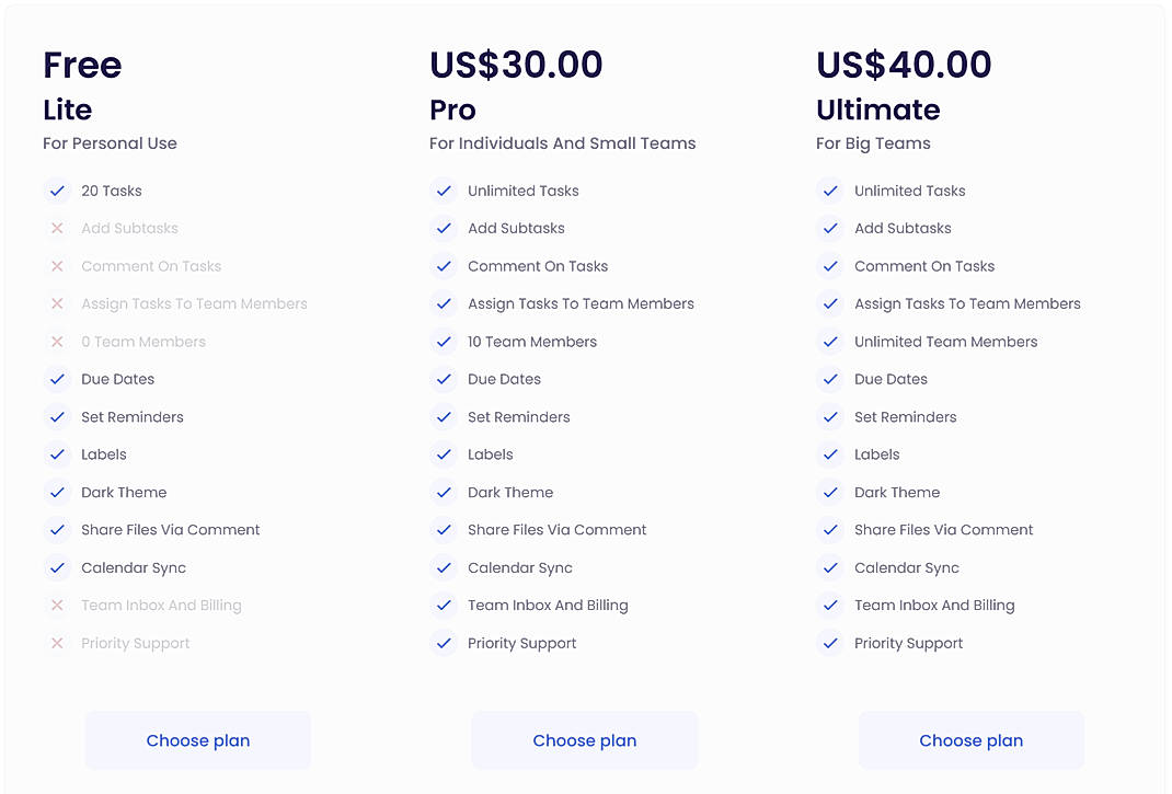 Pricing screenshot