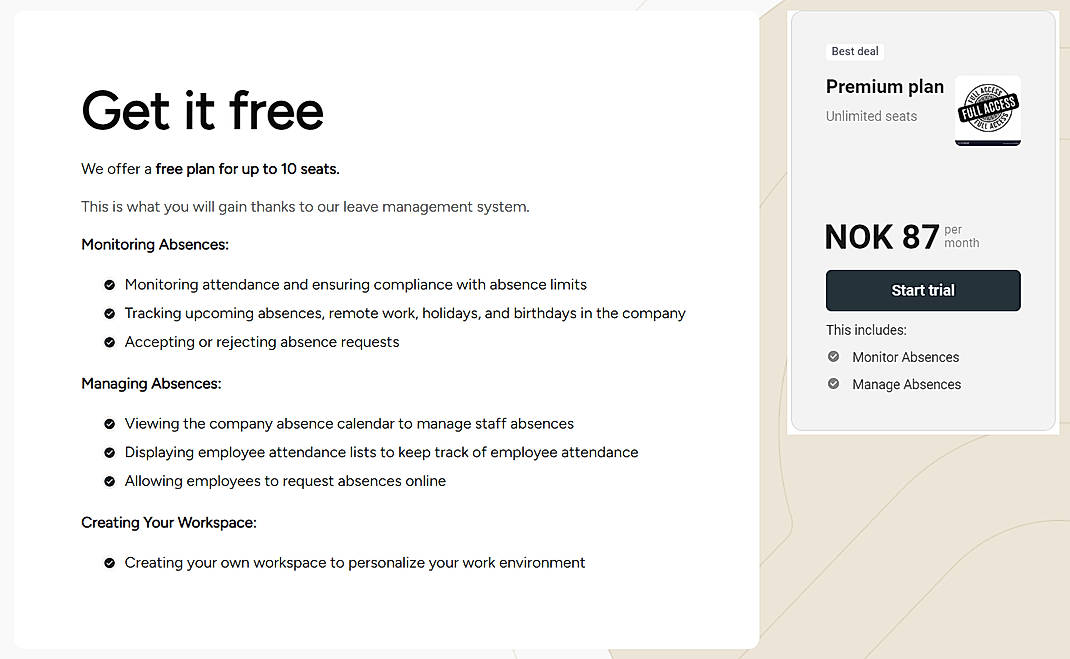 Pricing screenshot