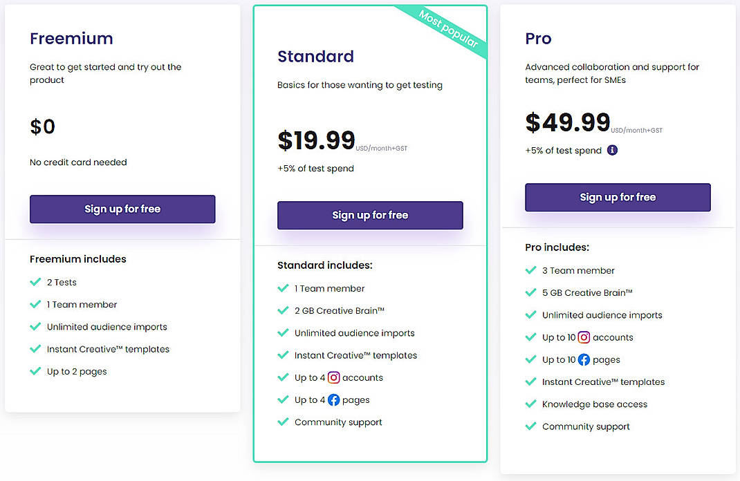 Pricing screenshot