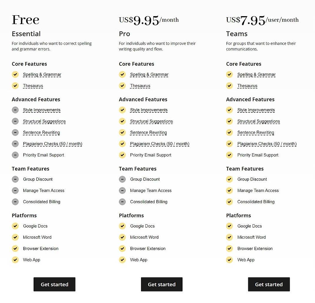 Pricing screenshot