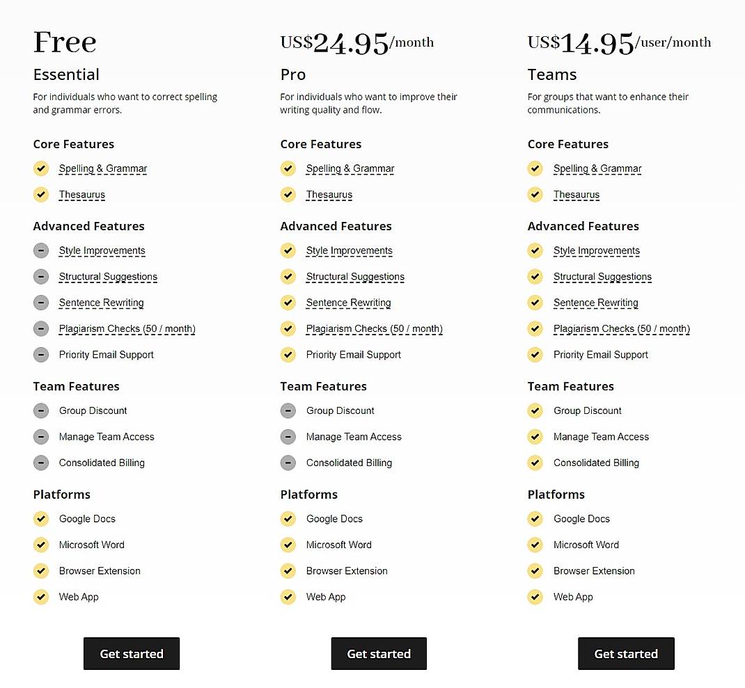 Pricing screenshot