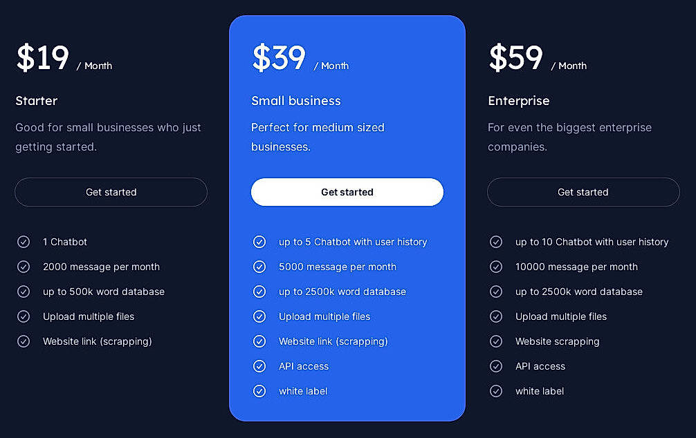 Pricing screenshot