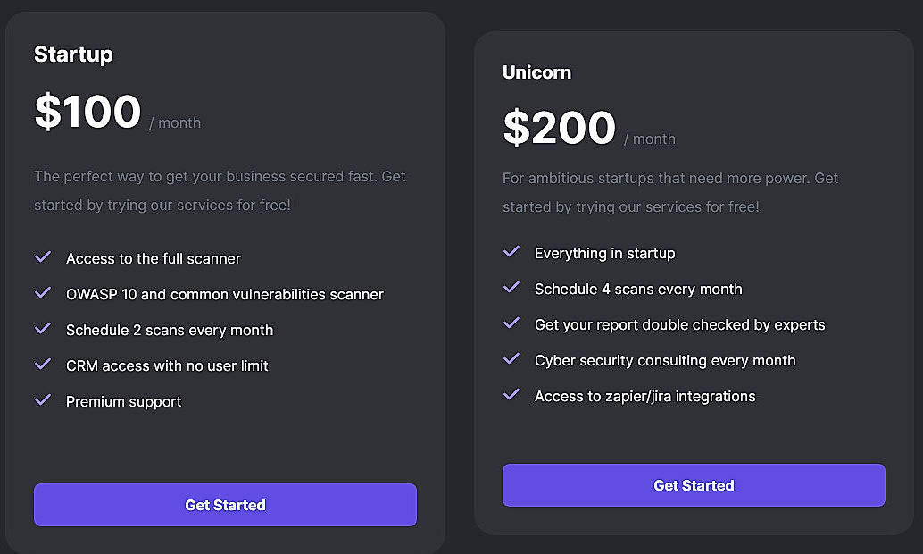Pricing screenshot