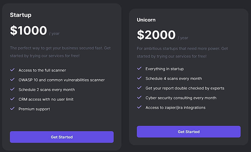 Pricing screenshot