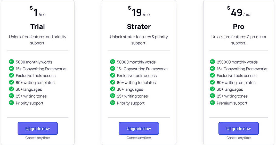 Pricing screenshot