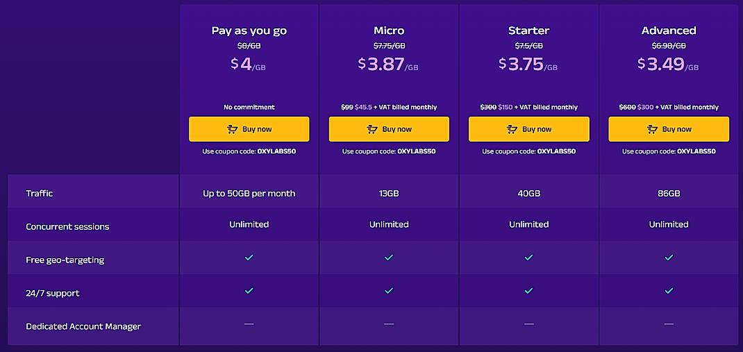 Pricing screenshot