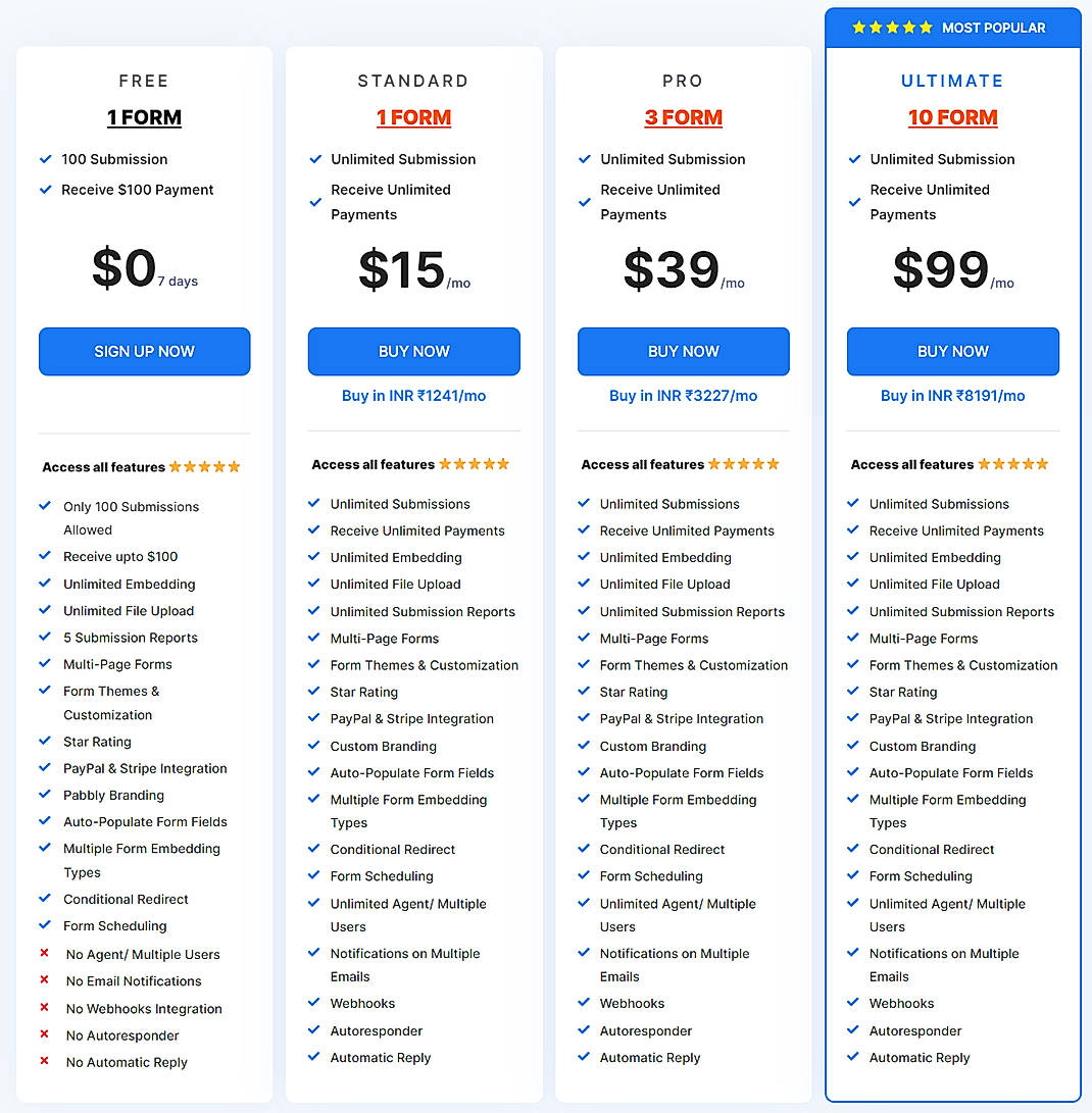 Pricing screenshot