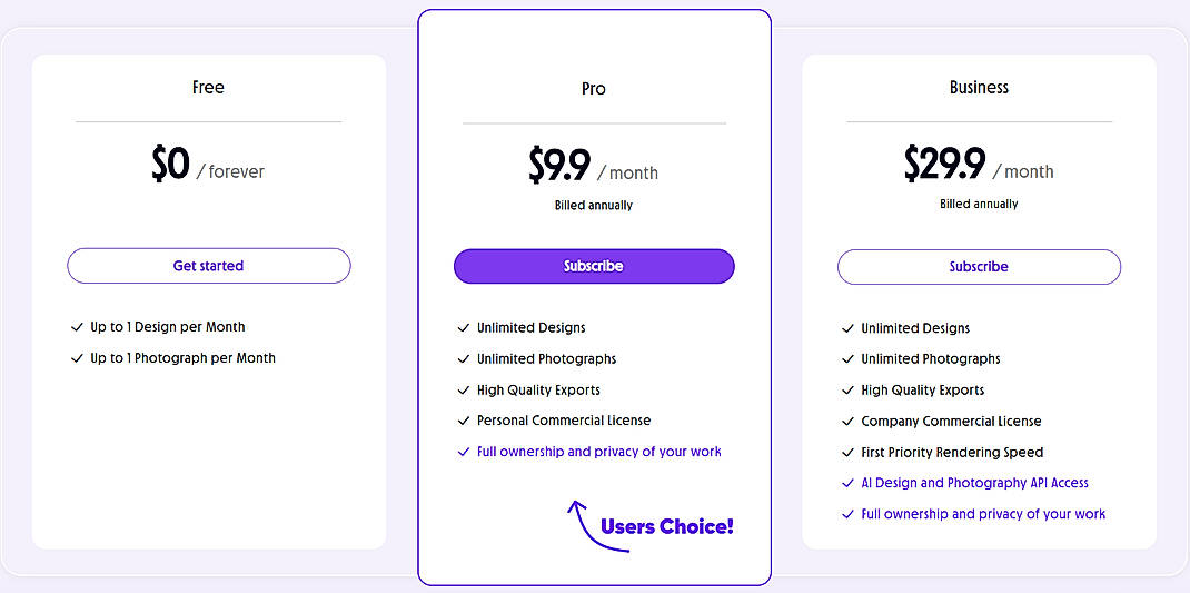 Pricing screenshot