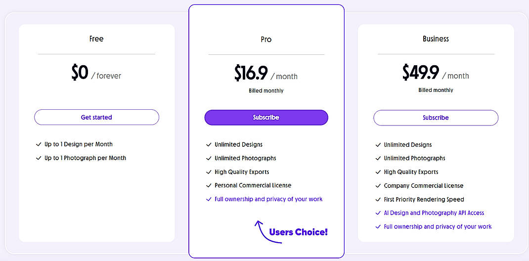 Pricing screenshot