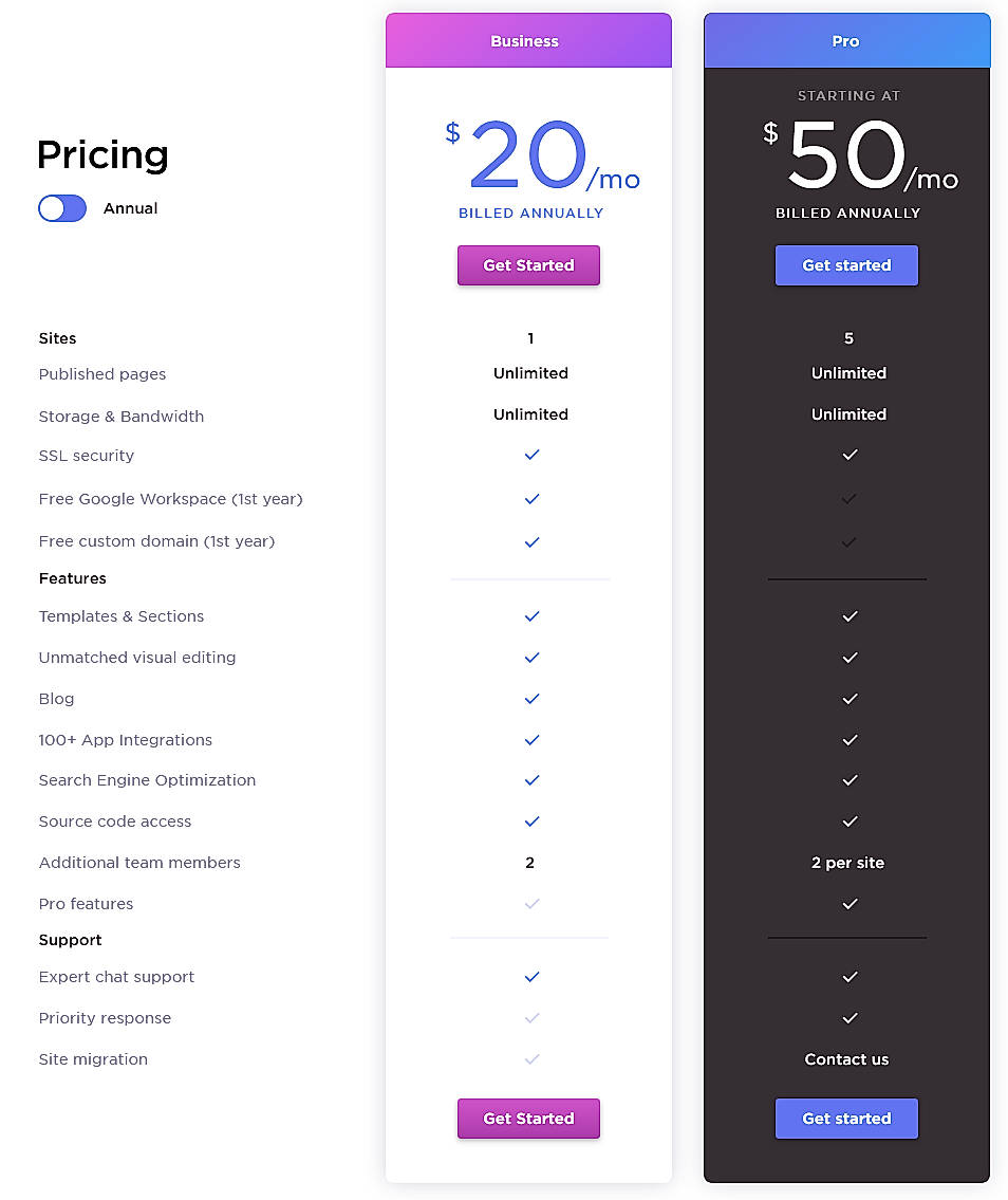Pricing screenshot