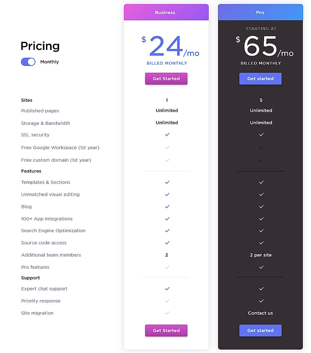 Pricing screenshot