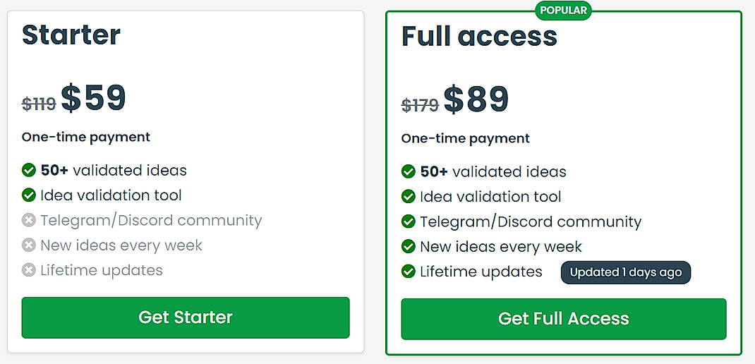 Pricing screenshot