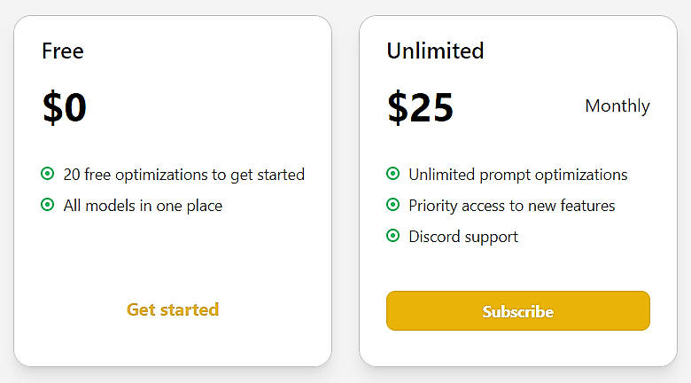 Pricing screenshot