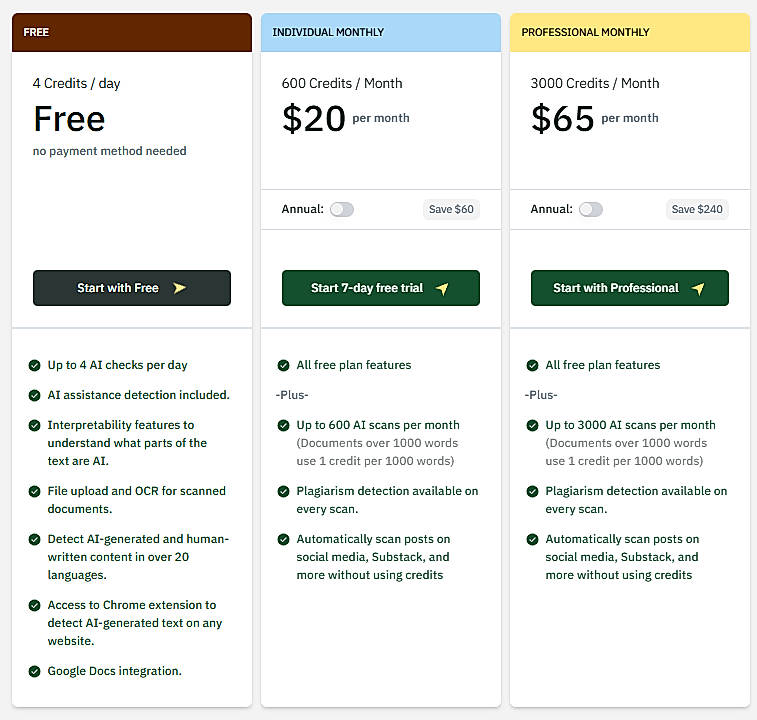 Pricing screenshot
