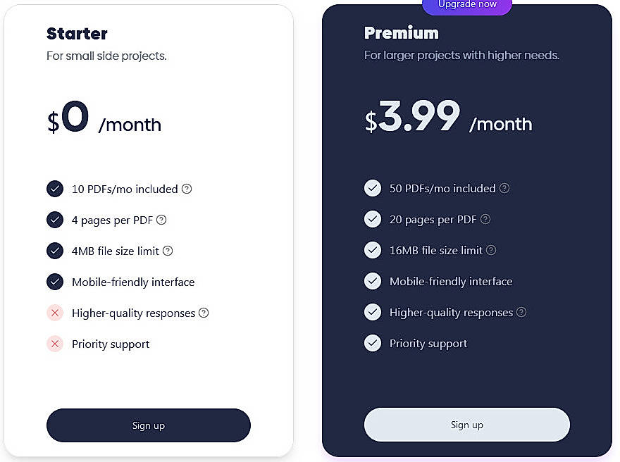 Pricing screenshot
