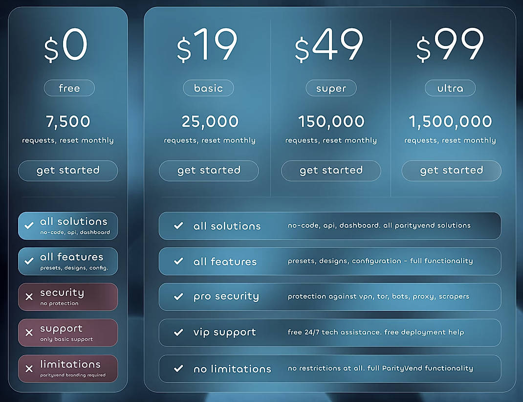 Pricing screenshot