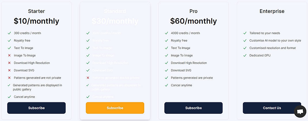Pricing screenshot