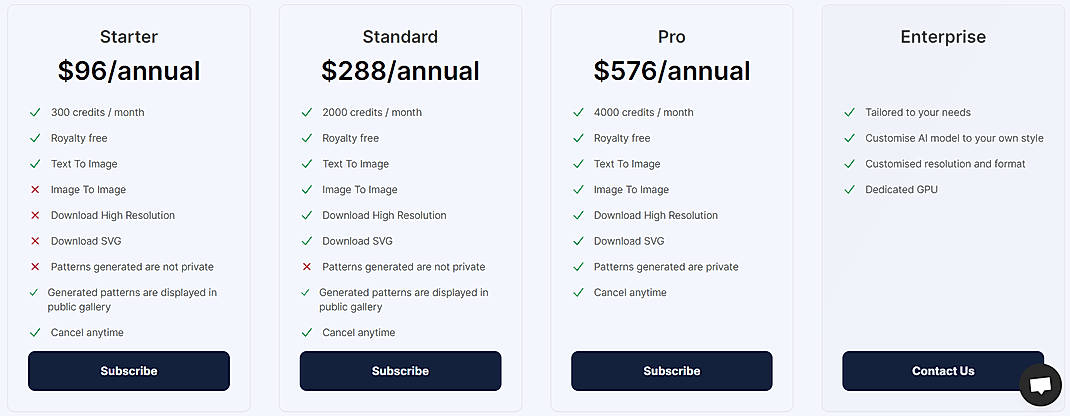 Pricing screenshot