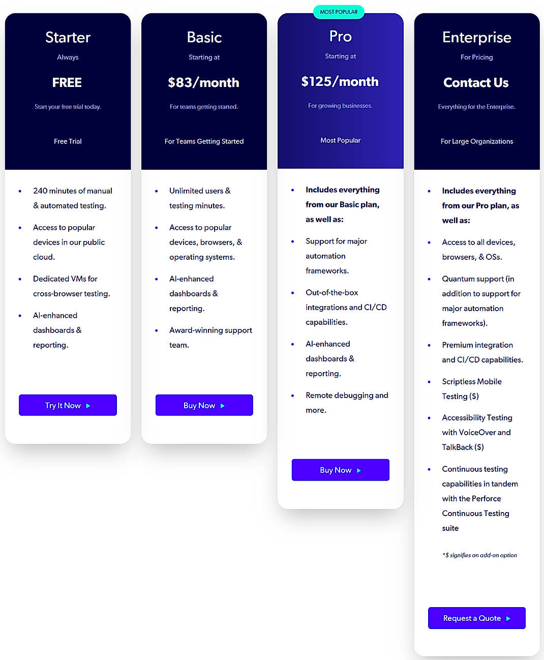 Pricing screenshot