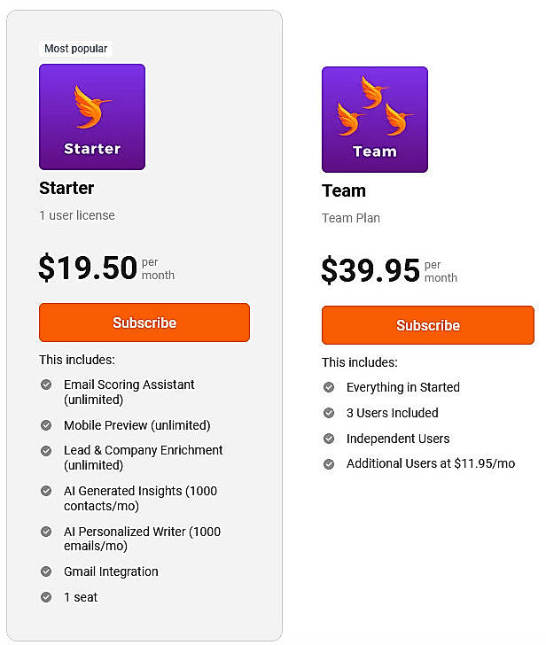 Pricing screenshot