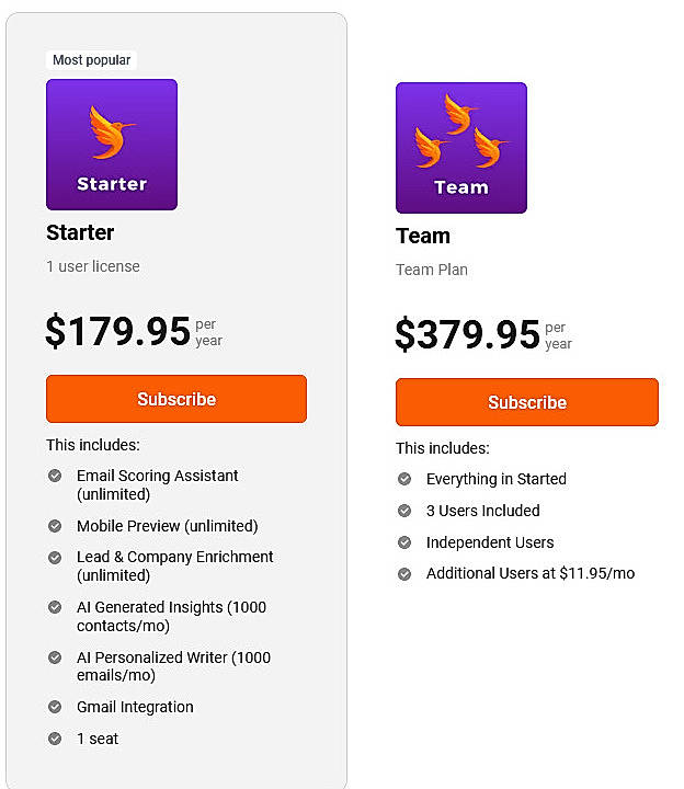 Pricing screenshot