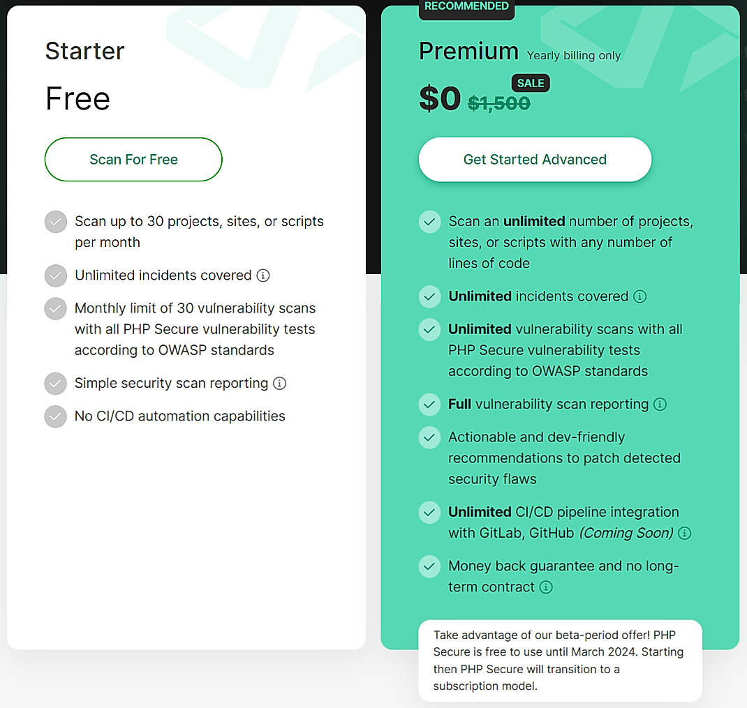 Pricing screenshot