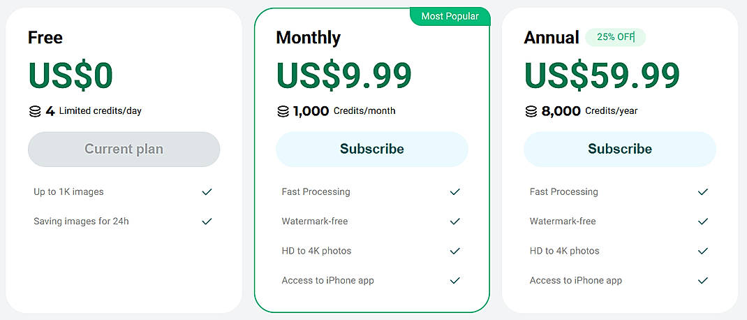 Pricing screenshot