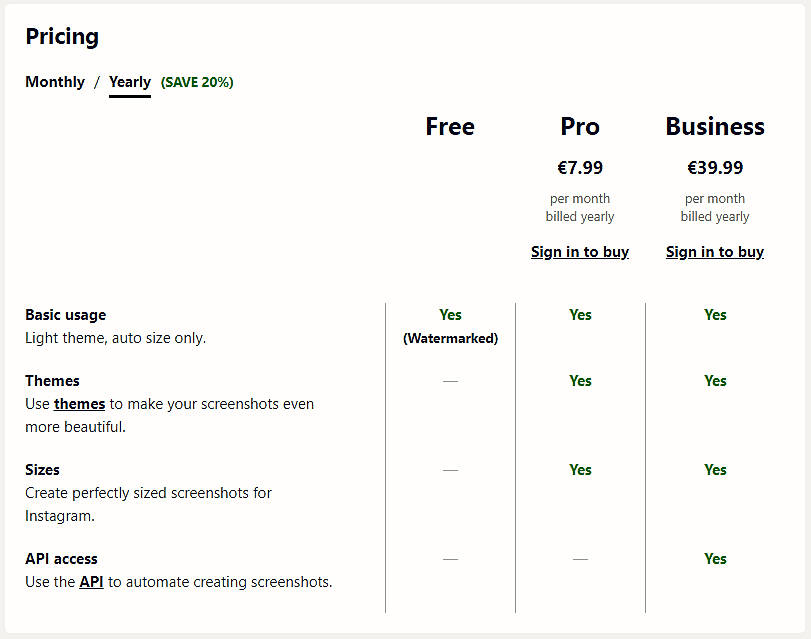 Pricing screenshot