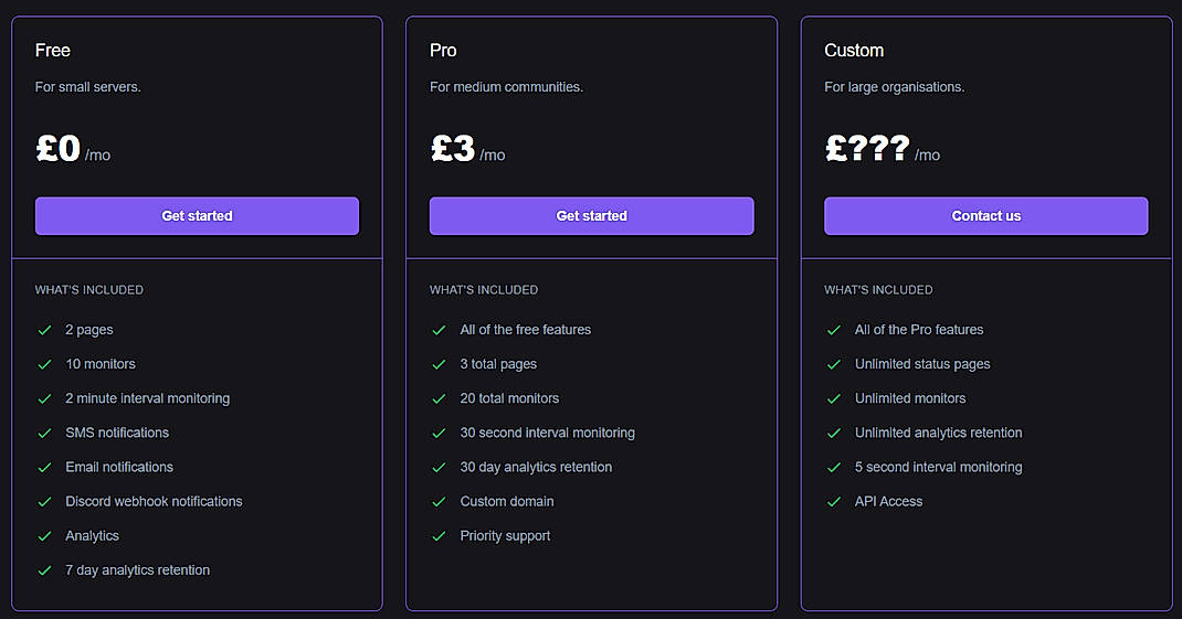 Pricing screenshot