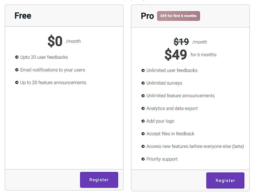 Pricing screenshot