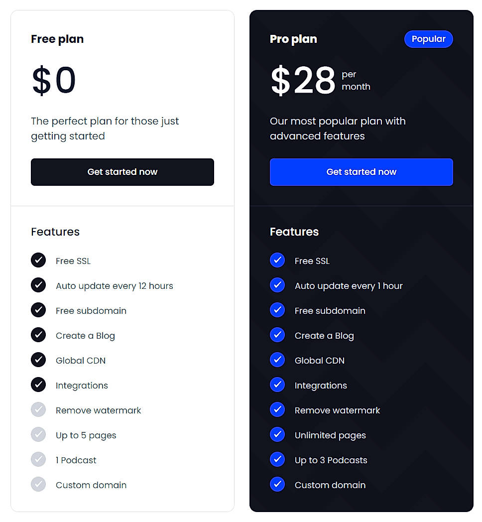 Pricing screenshot