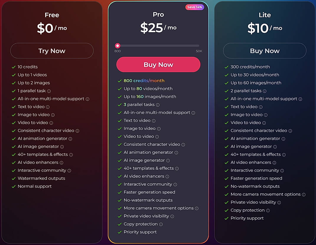 Pricing screenshot