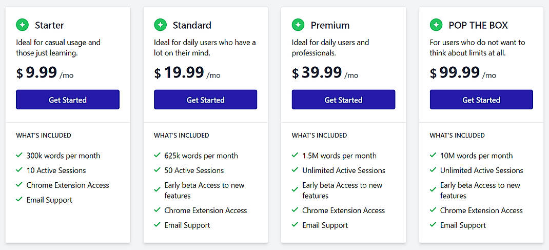 Pricing screenshot