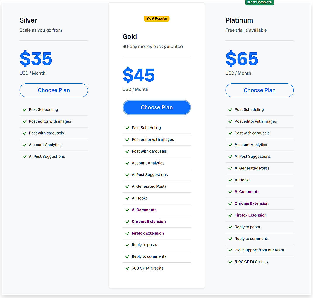 Pricing screenshot