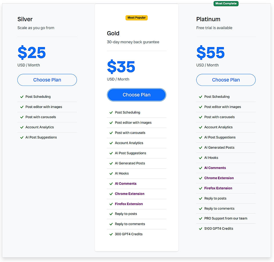 Pricing screenshot