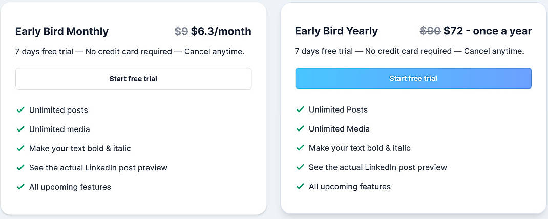 Pricing screenshot