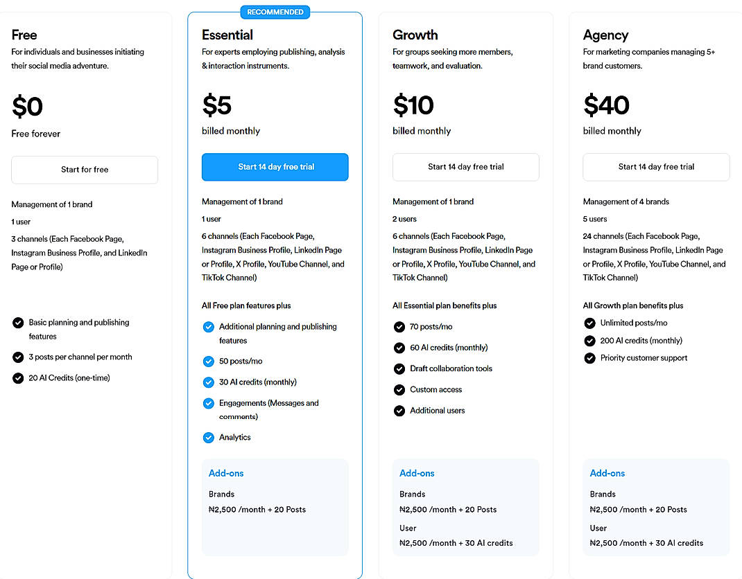Pricing screenshot