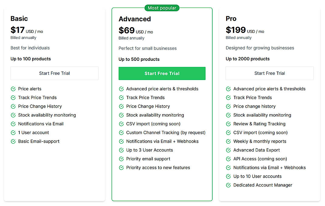 Pricing screenshot