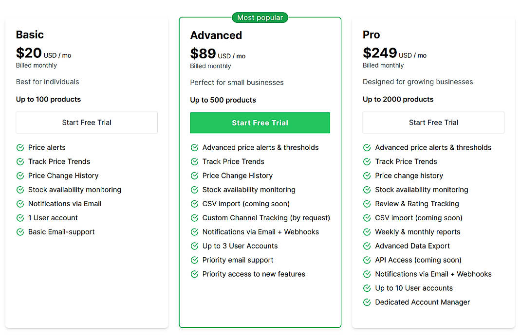 Pricing screenshot
