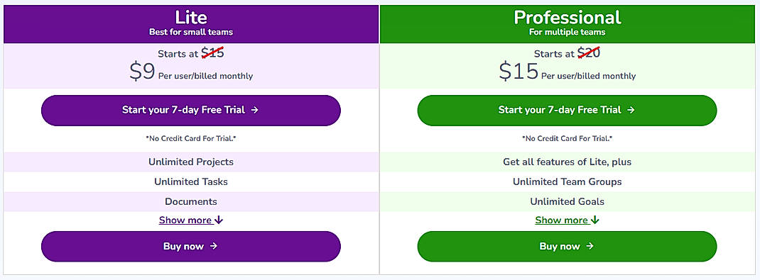 Pricing screenshot