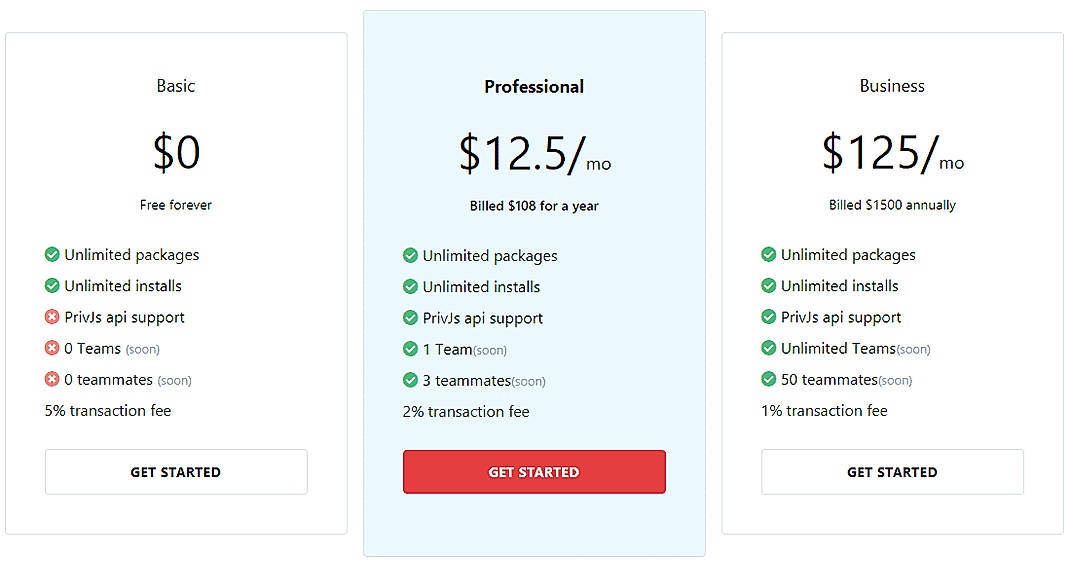 Pricing screenshot
