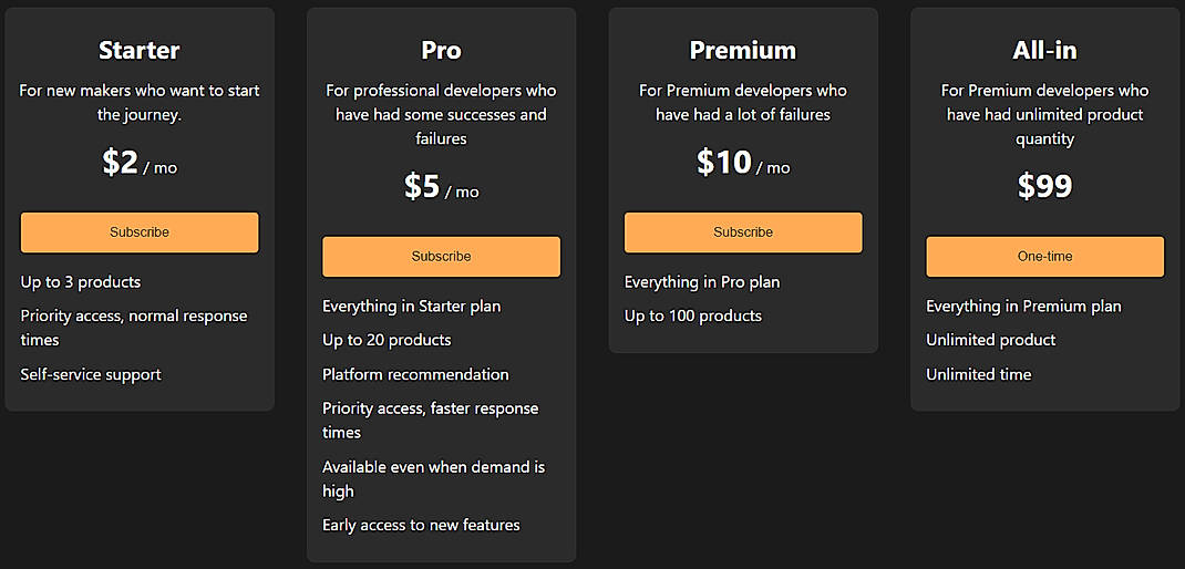 Pricing screenshot