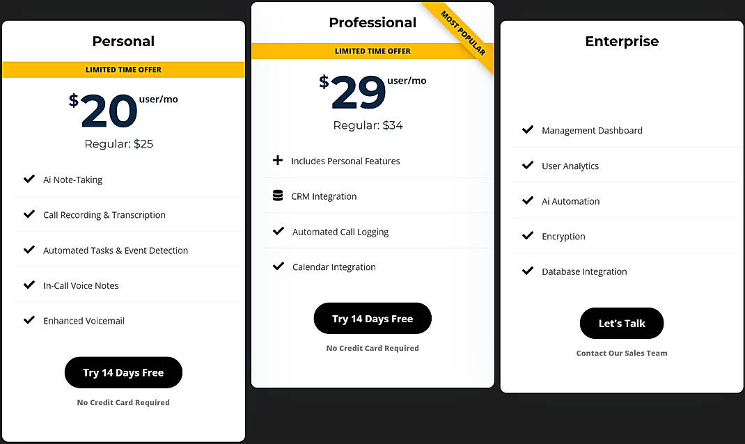Pricing screenshot
