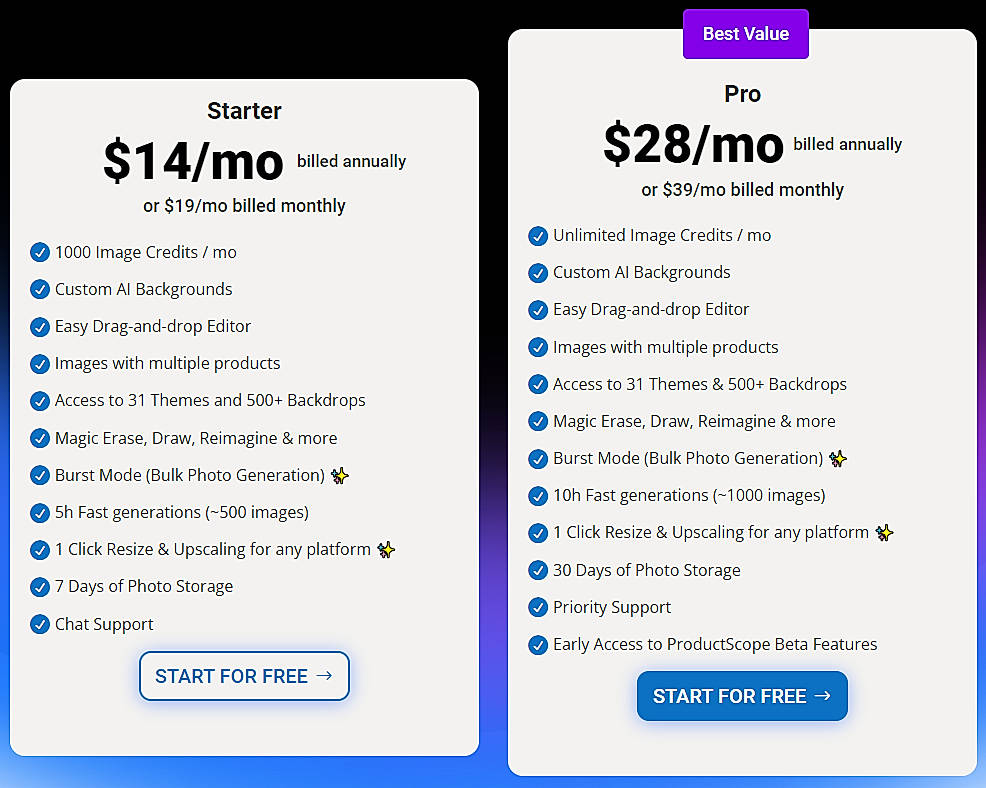 Pricing screenshot